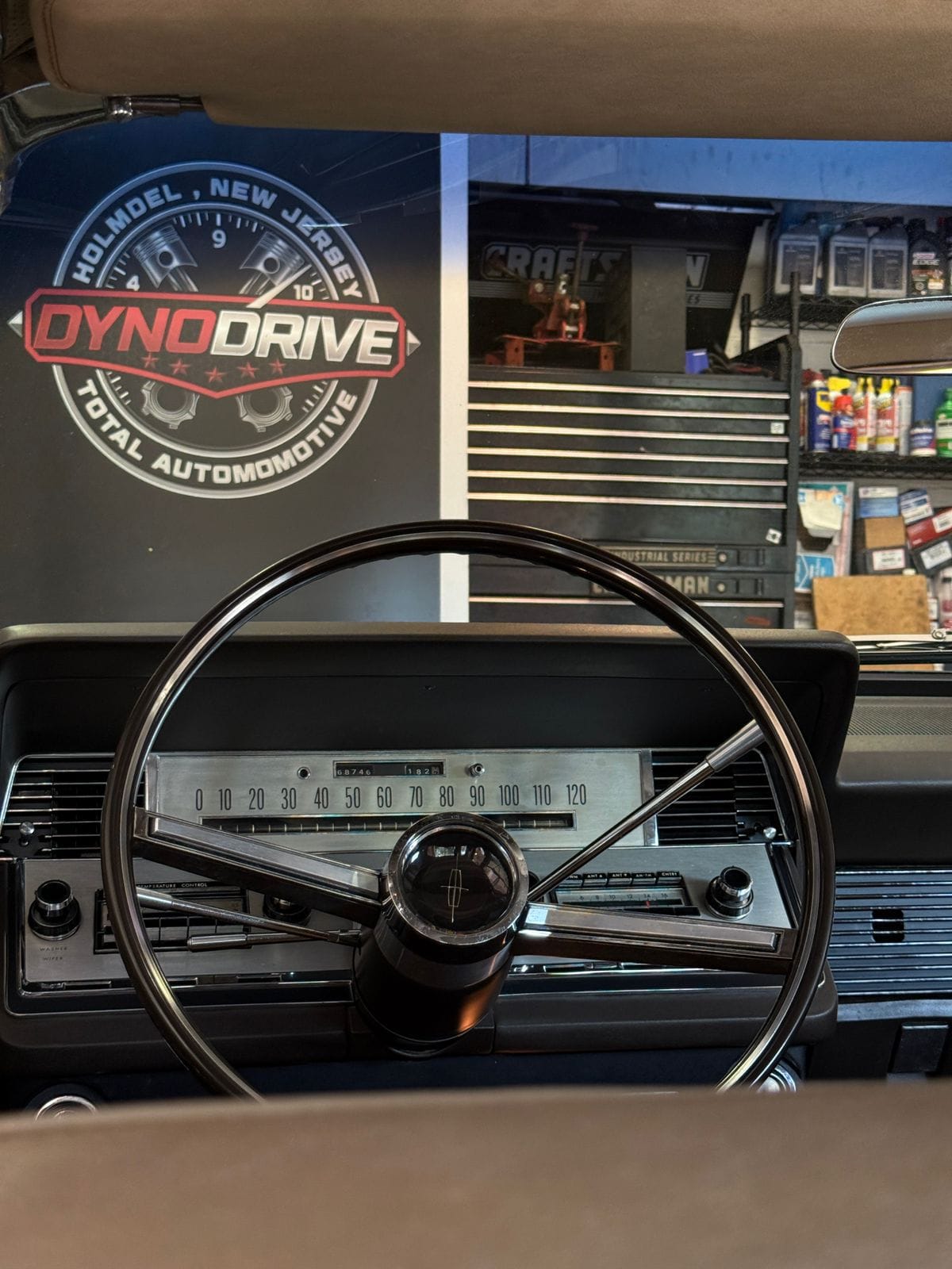 Classic car interior dashboard at DynoDrive auto repair shop in Holmdel, NJ